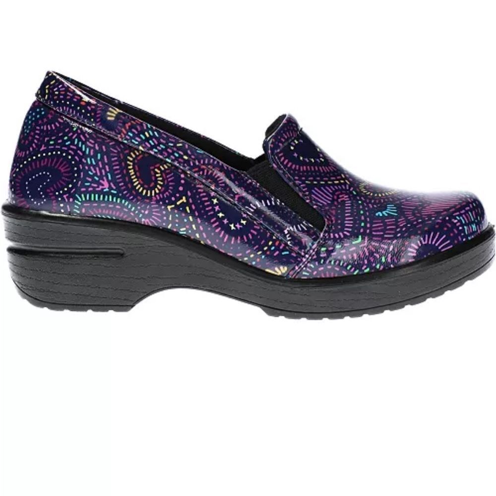 Easy Works LEEZA Professional Support Clogs in Purple Multi Heart Patent